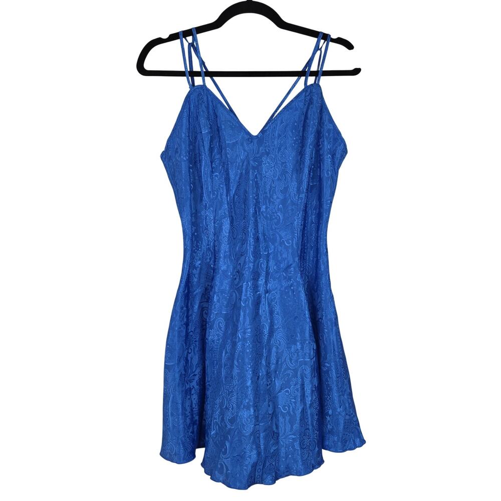VTG Victoria's Secret Gold Label Nightgown Large Blue Satin Floral Chemise Sexy